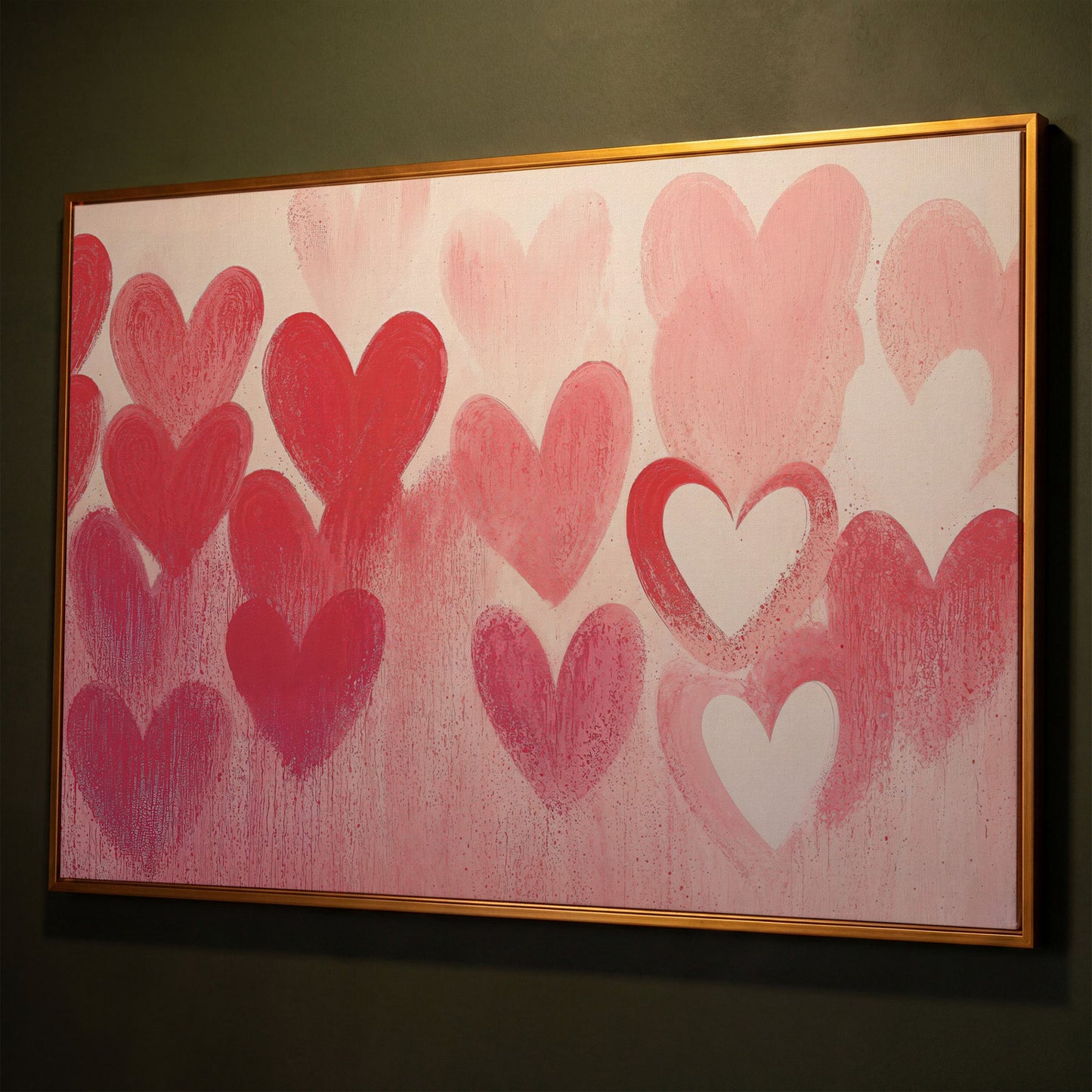 Pink & Red Hearts Canvas Print shown in antique gold floating frame