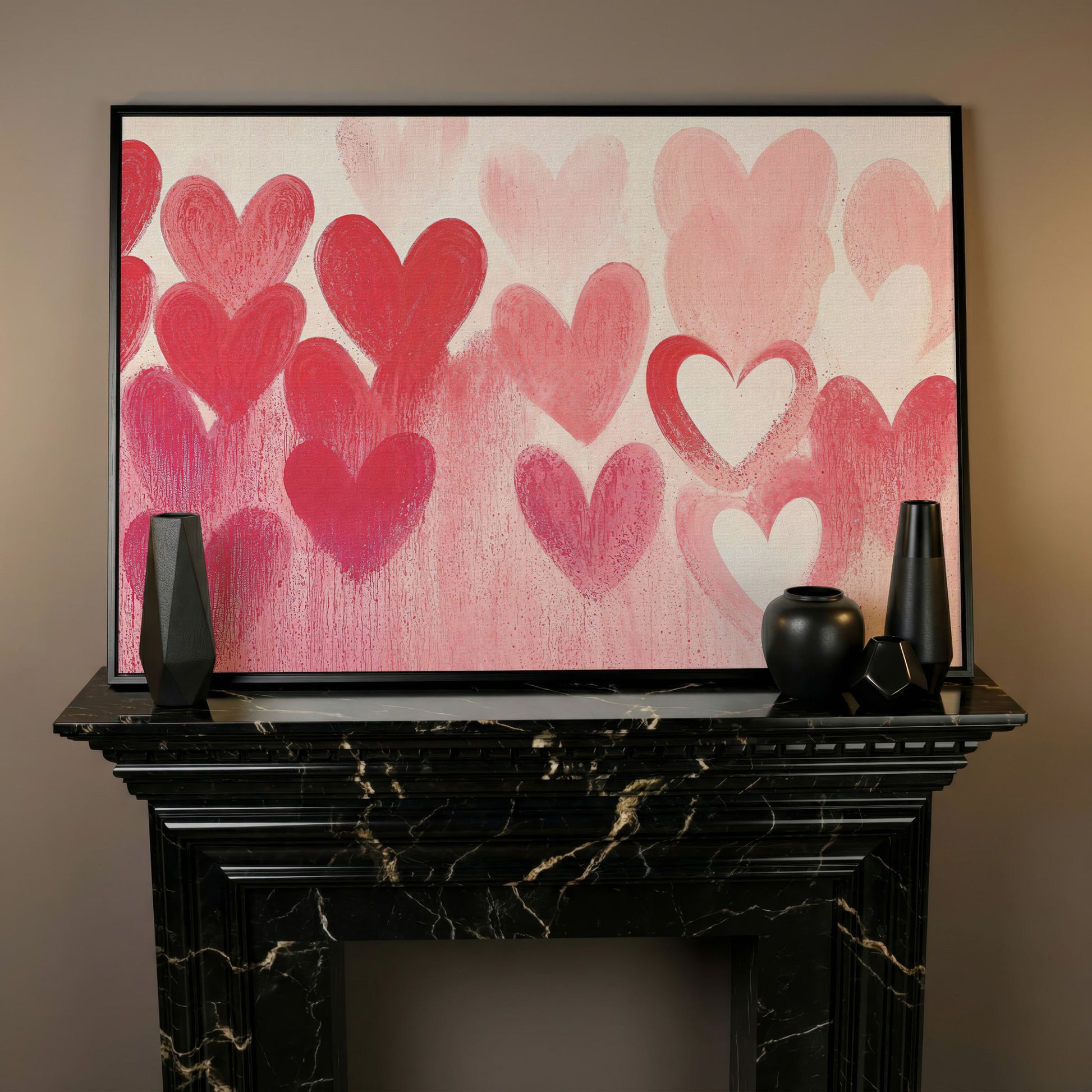 Pink & Red Hearts Canvas Print in black floating frame