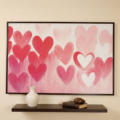Pink & Red Hearts Canvas Print in dark walnut floating frame