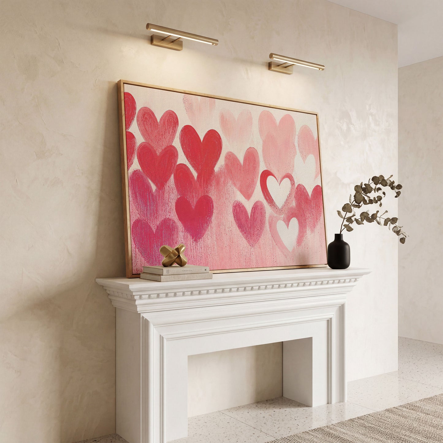 Pink & Red Hearts Canvas Print in white oak floating frame