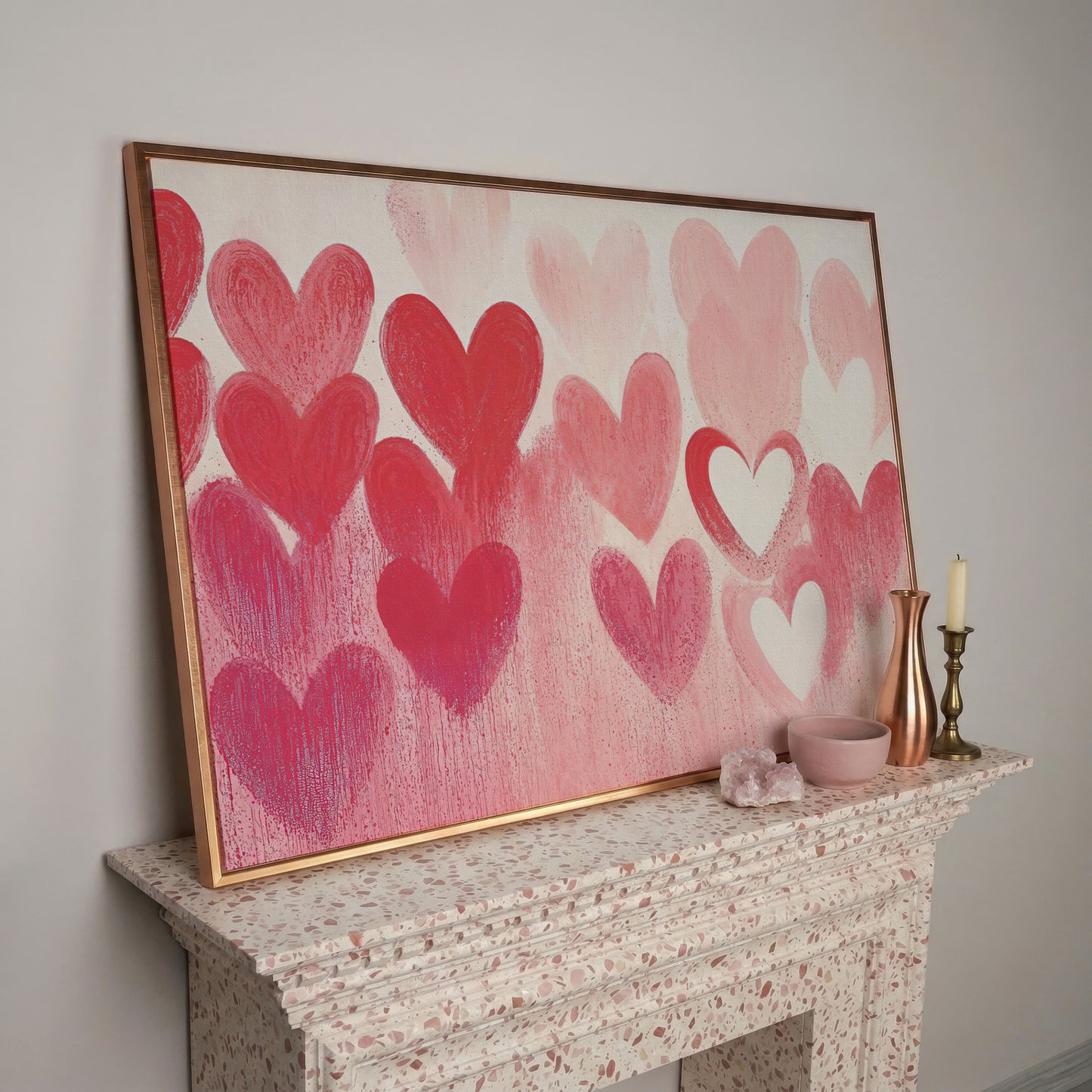 Pink & Red Hearts Canvas Print in rose gold floating frame