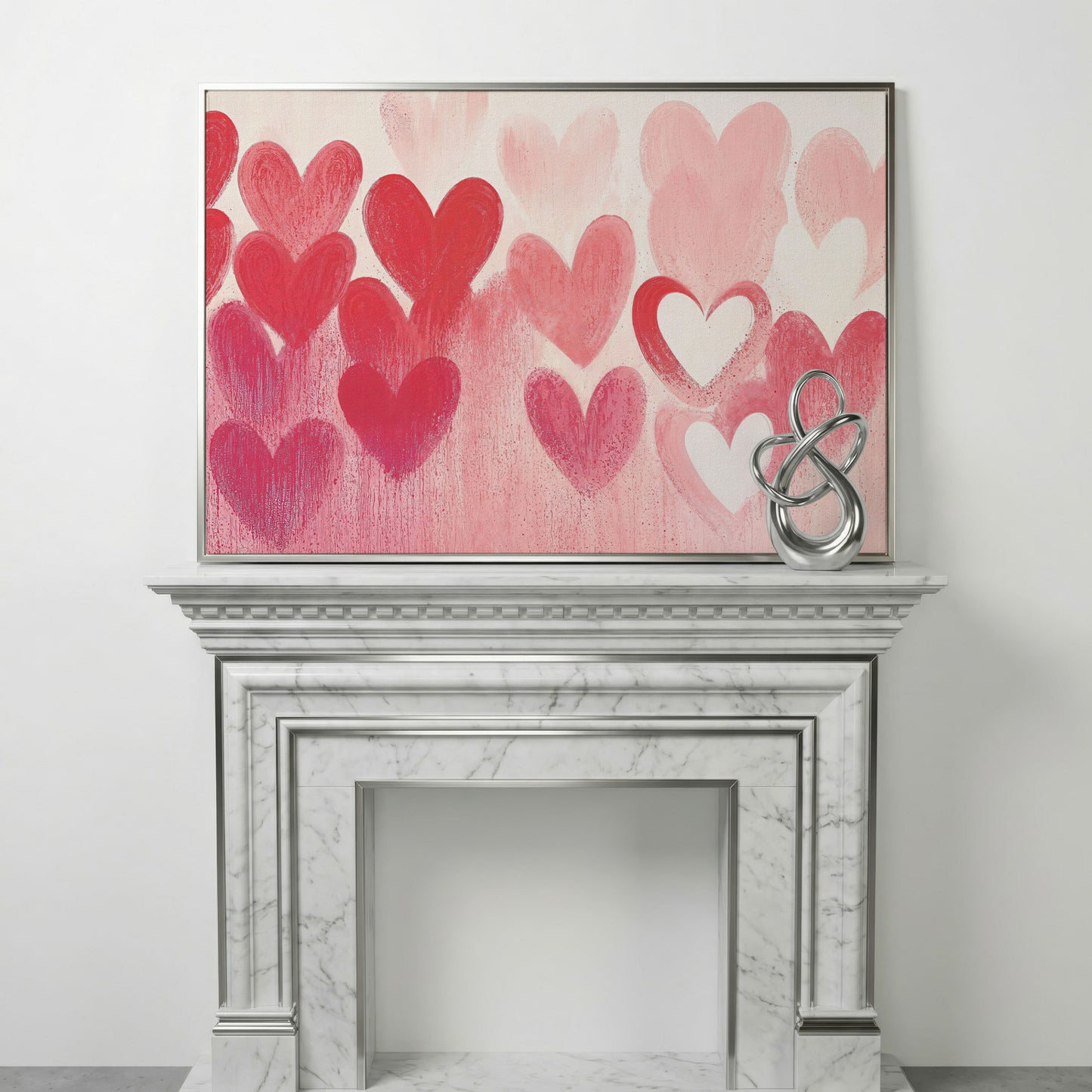 Pink & Red Hearts Canvas Print in silver floating frame