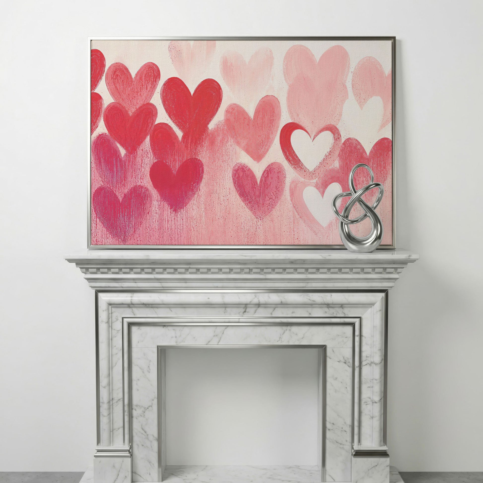 Pink & Red Hearts Canvas Print in silver floating frame