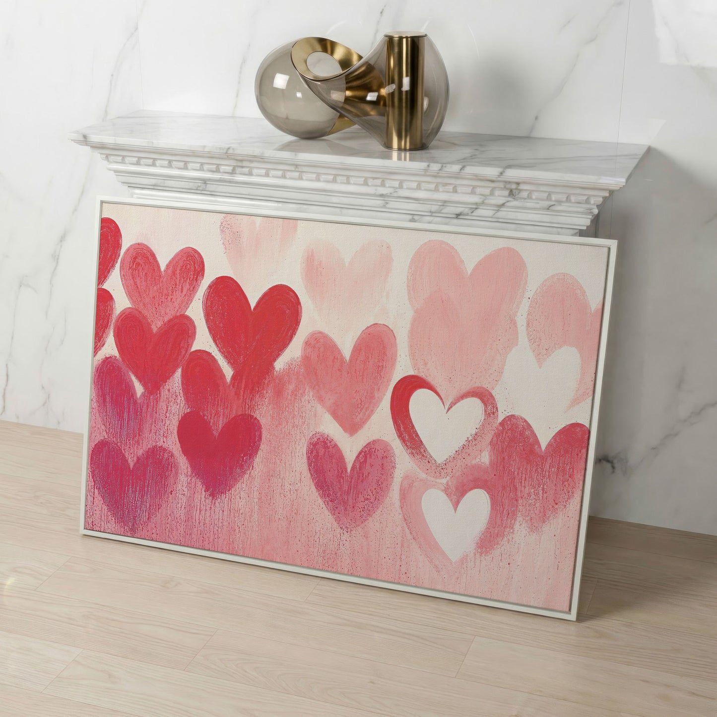 Pink & Red Hearts Canvas Print in white floating frame