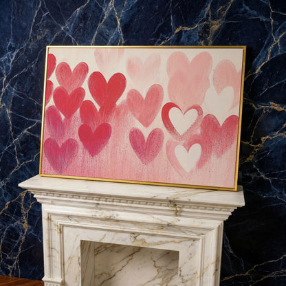 Pink & Red Hearts Canvas Print in yellow gold floating frame