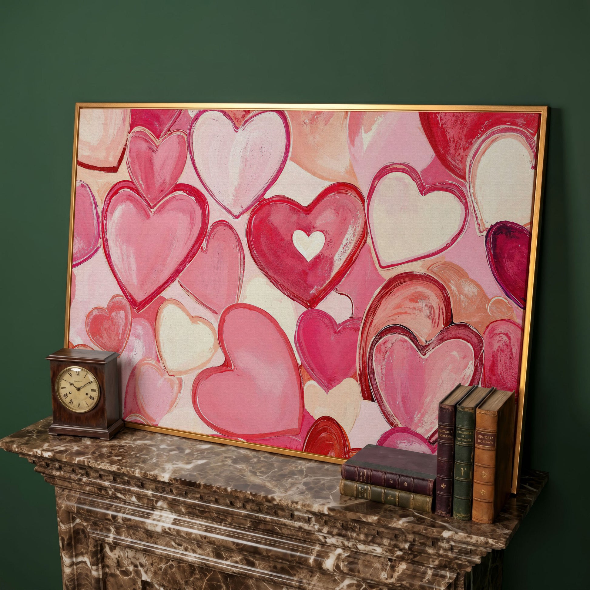 Pink Hearts Canvas Art in Layered Tones in antique gold floating frame