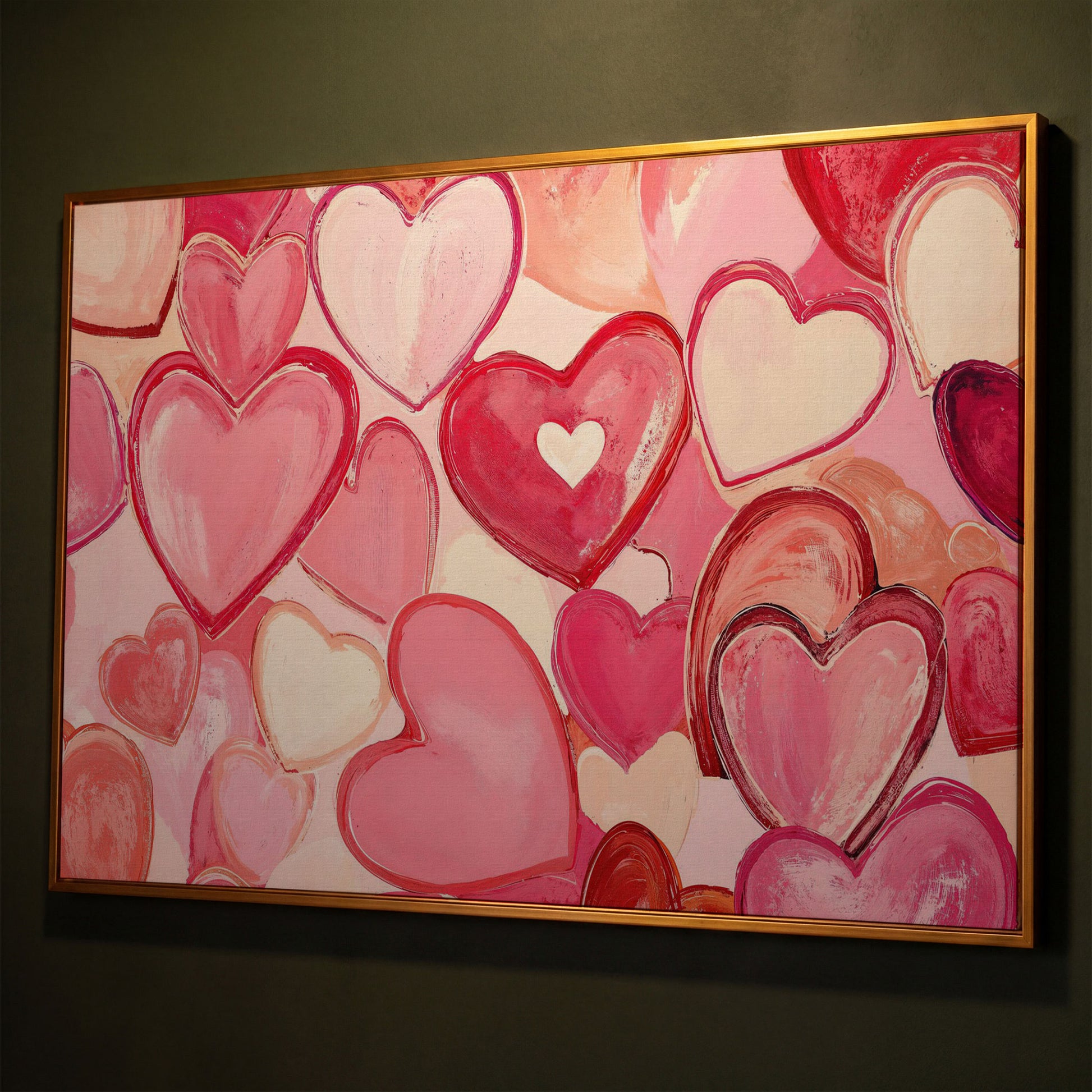Pink Hearts Canvas Art in Layered Tones shown in antique gold floating frame