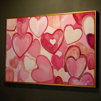 Pink Hearts Canvas Art in Layered Tones shown in antique gold floating frame