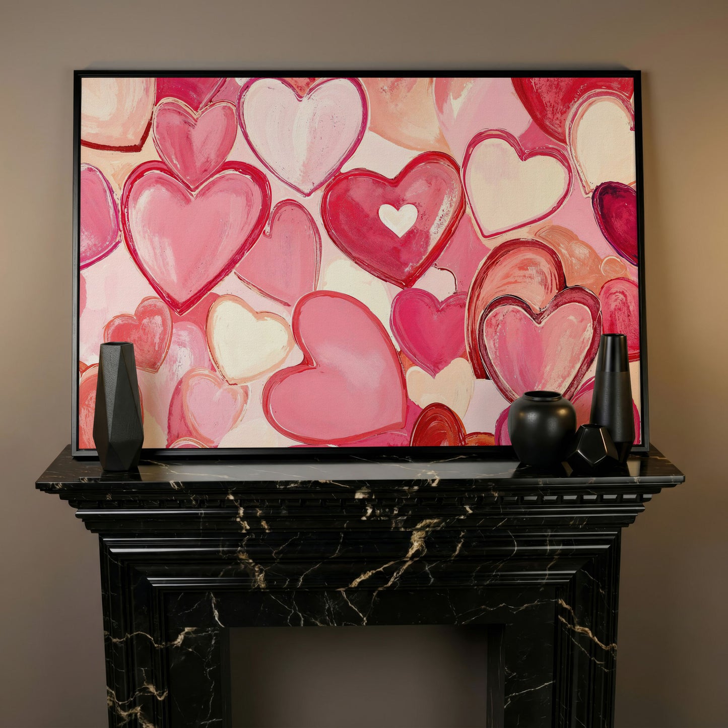 Pink Hearts Canvas Art in Layered Tones in black floating frame