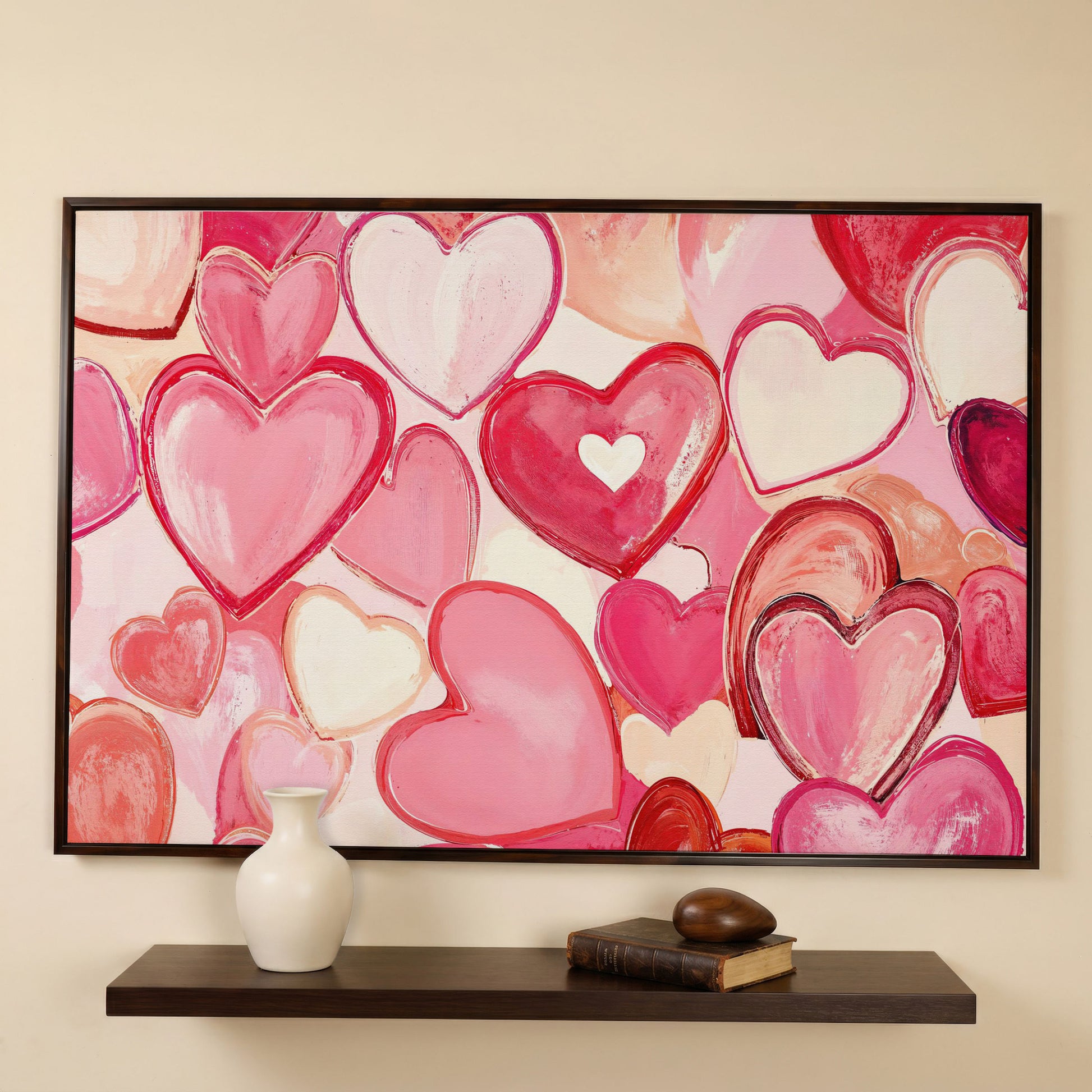 Pink Hearts Canvas Art in Layered Tones in dark walnut floating frame