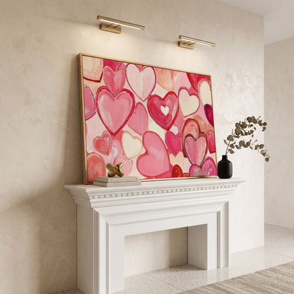 Pink Hearts Canvas Art in Layered Tones in white oak floating frame