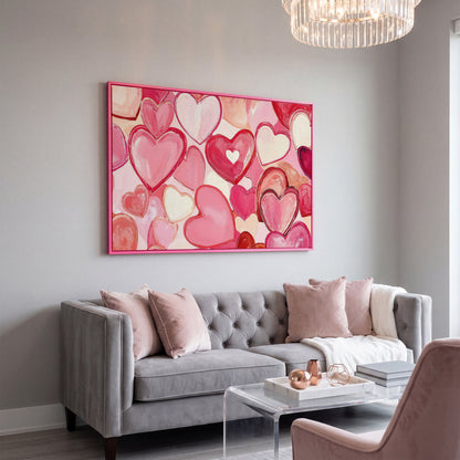 Pink Hearts Canvas Art in Layered Tones in pink floating frame