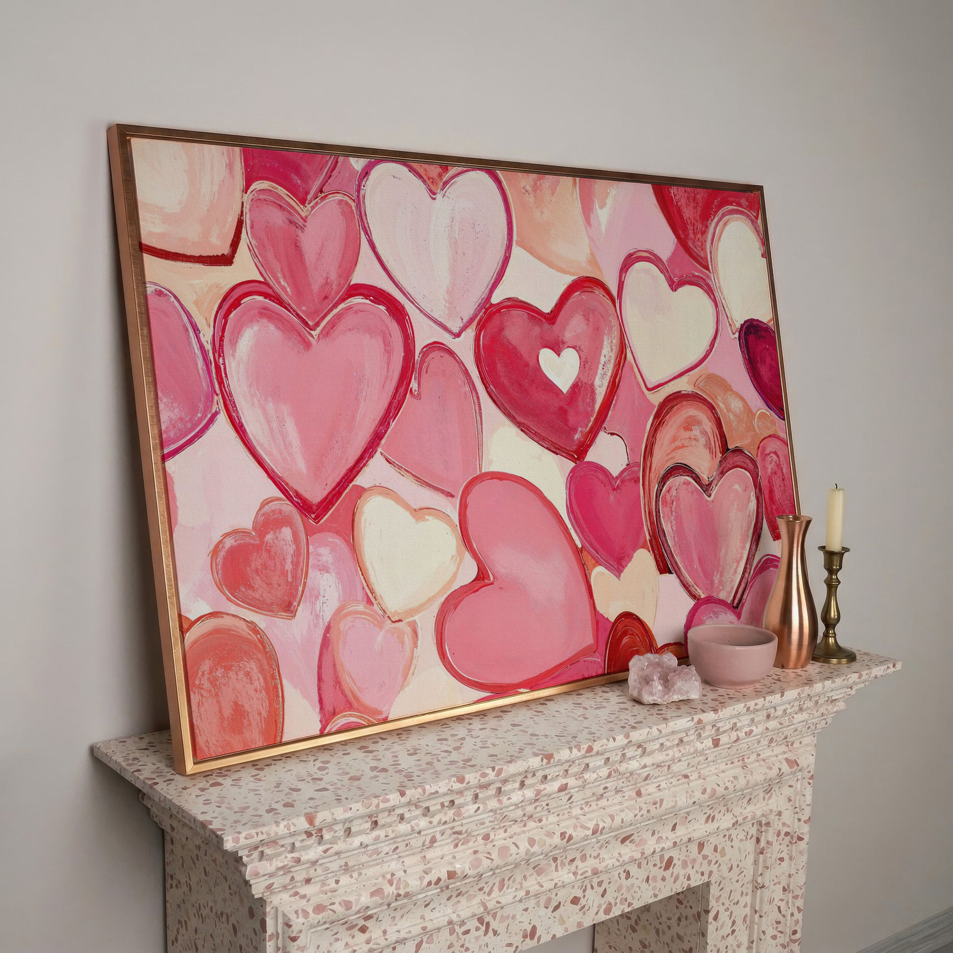 Pink Hearts Canvas Art in Layered Tones in rose gold floating frame