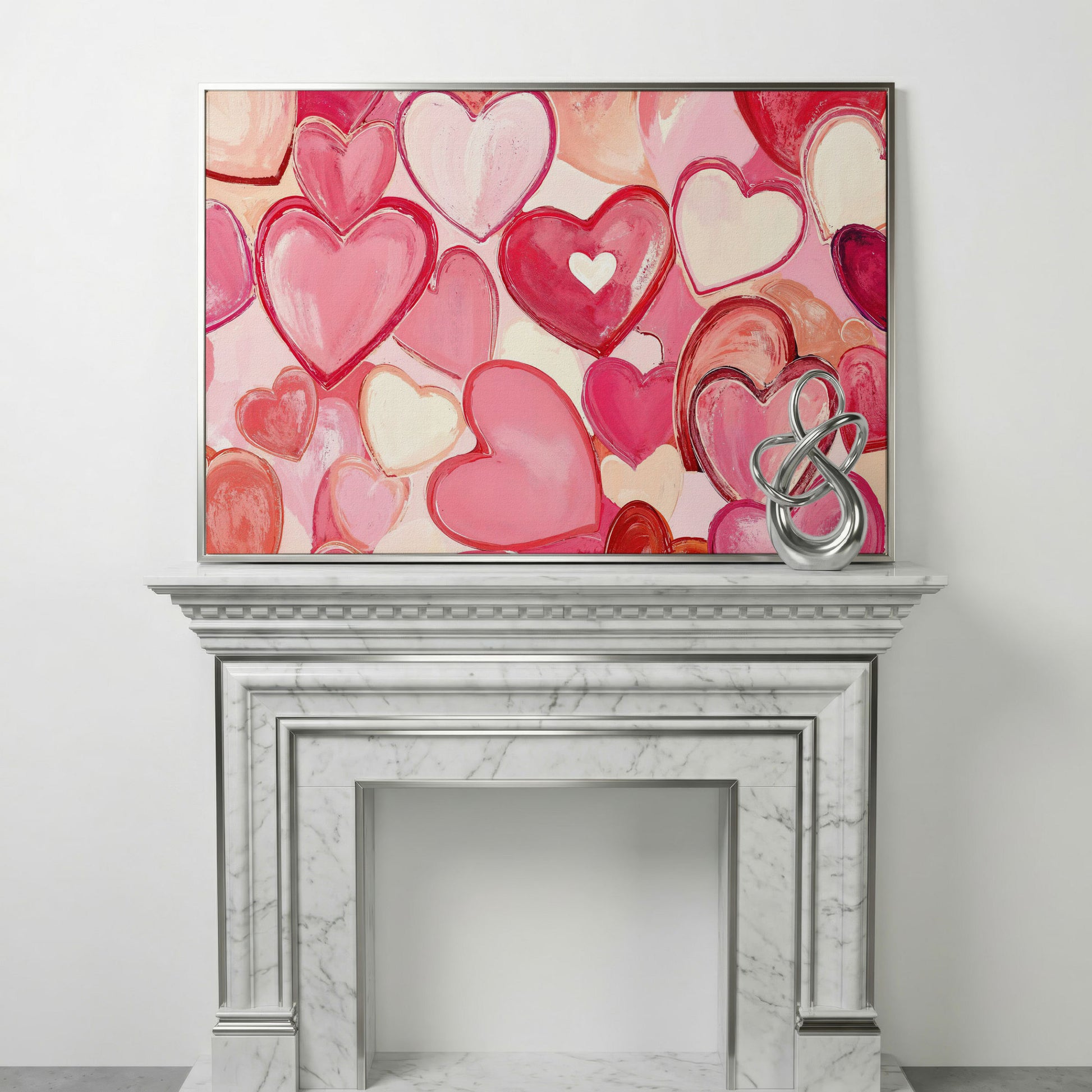 Pink Hearts Canvas Art in Layered Tones in silver floating frame