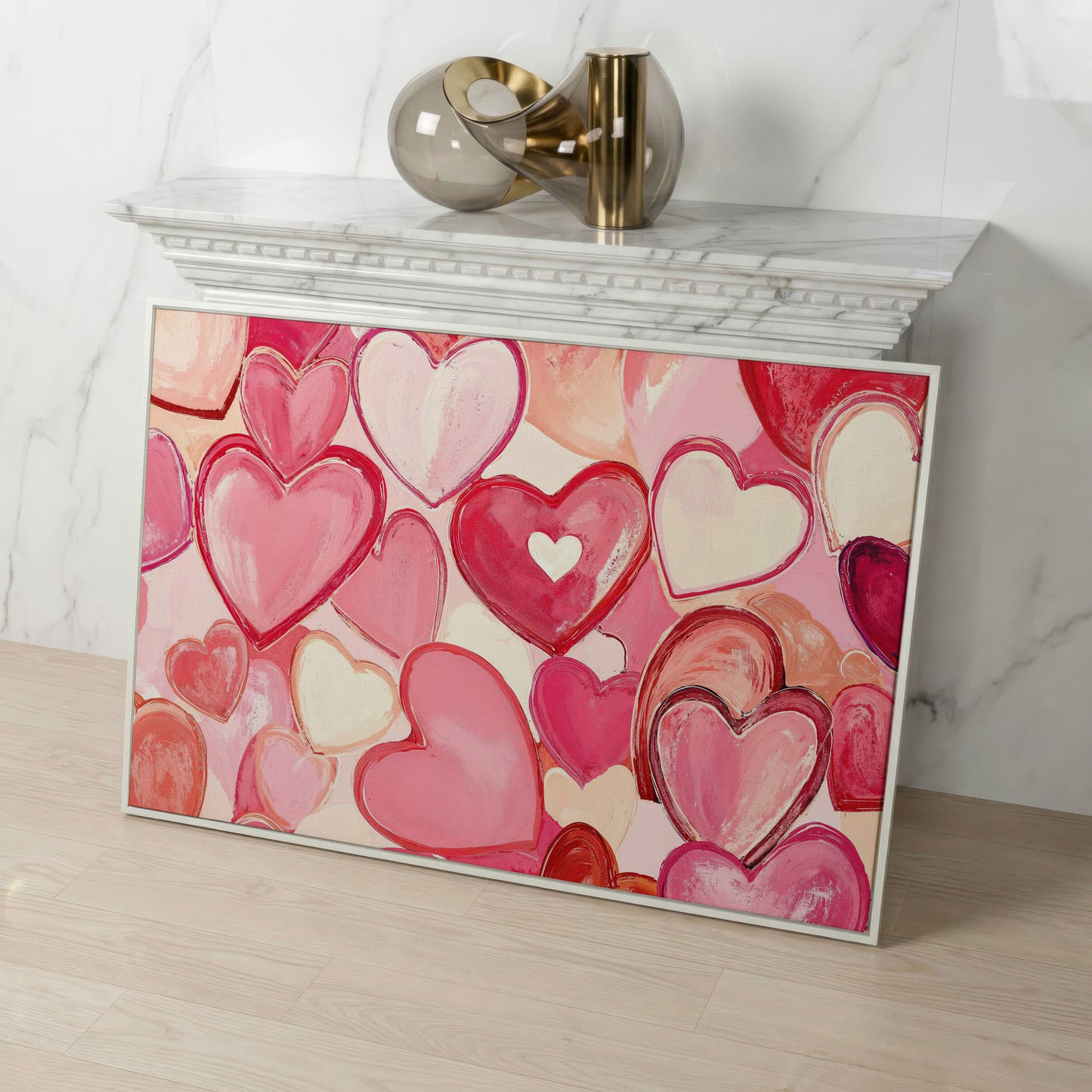 Pink Hearts Canvas Art in Layered Tones in white floating frame