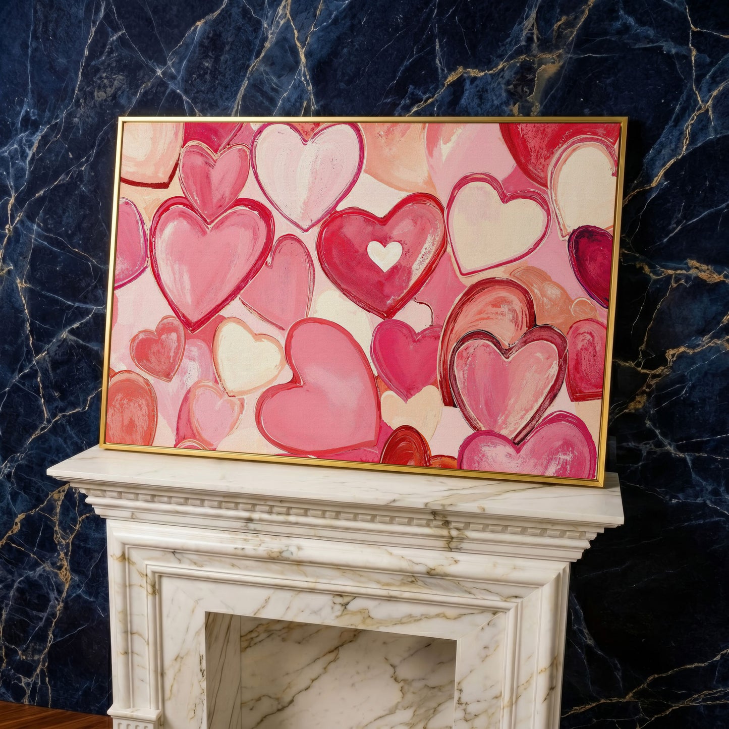 Pink Hearts Canvas Art in Layered Tones in yellow gold floating frame