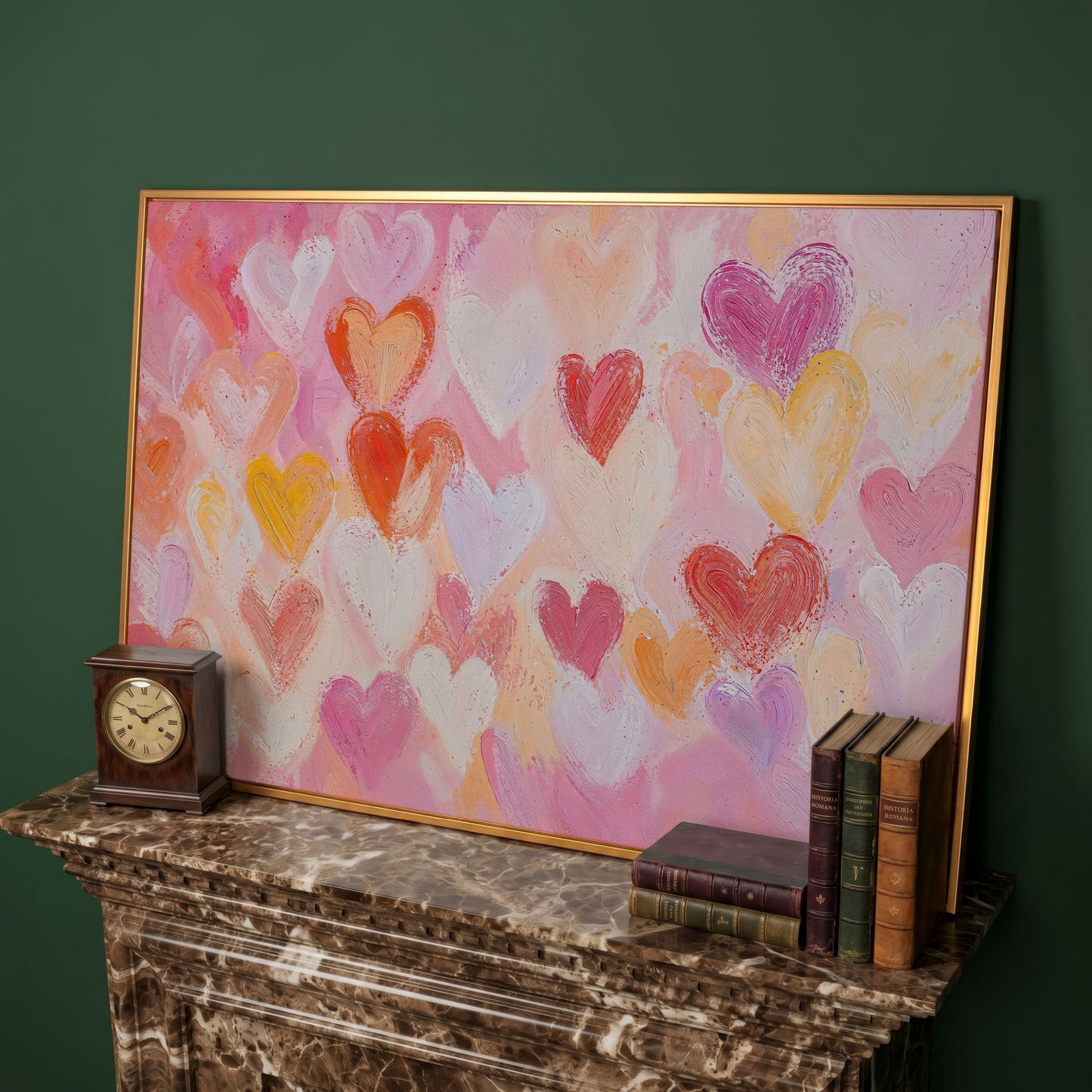 Colorful Hearts Canvas Print for Valentine Decor in antique gold floating frame