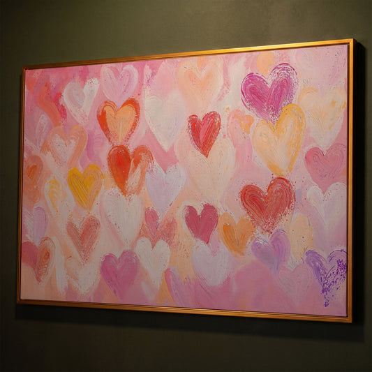 Colorful Hearts Canvas Print for Valentine Decor shown in antique gold floating frame