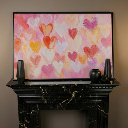 Colorful Hearts Canvas Print for Valentine Decor in black floating frame