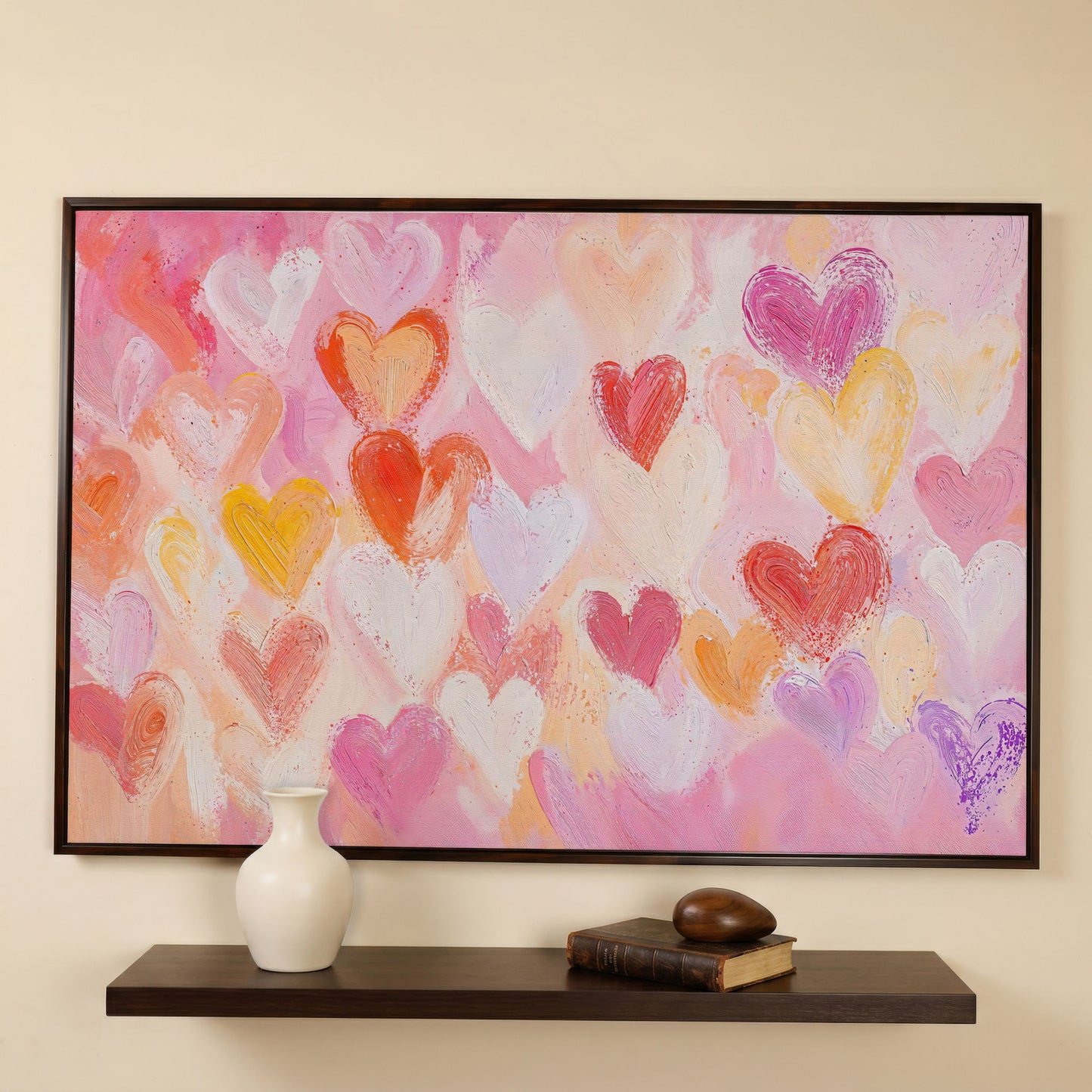Colorful Hearts Canvas Print for Valentine Decor in dark walnut floating frame