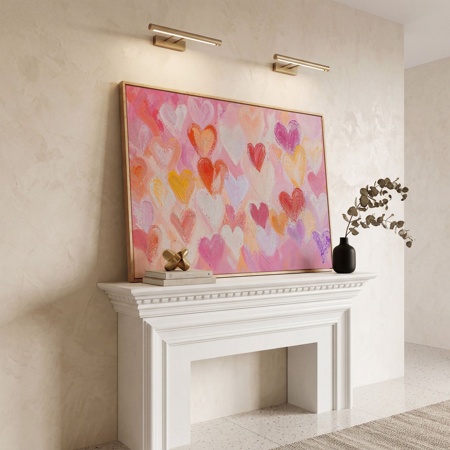 Colorful Hearts Canvas Print for Valentine Decor in white oak floating frame