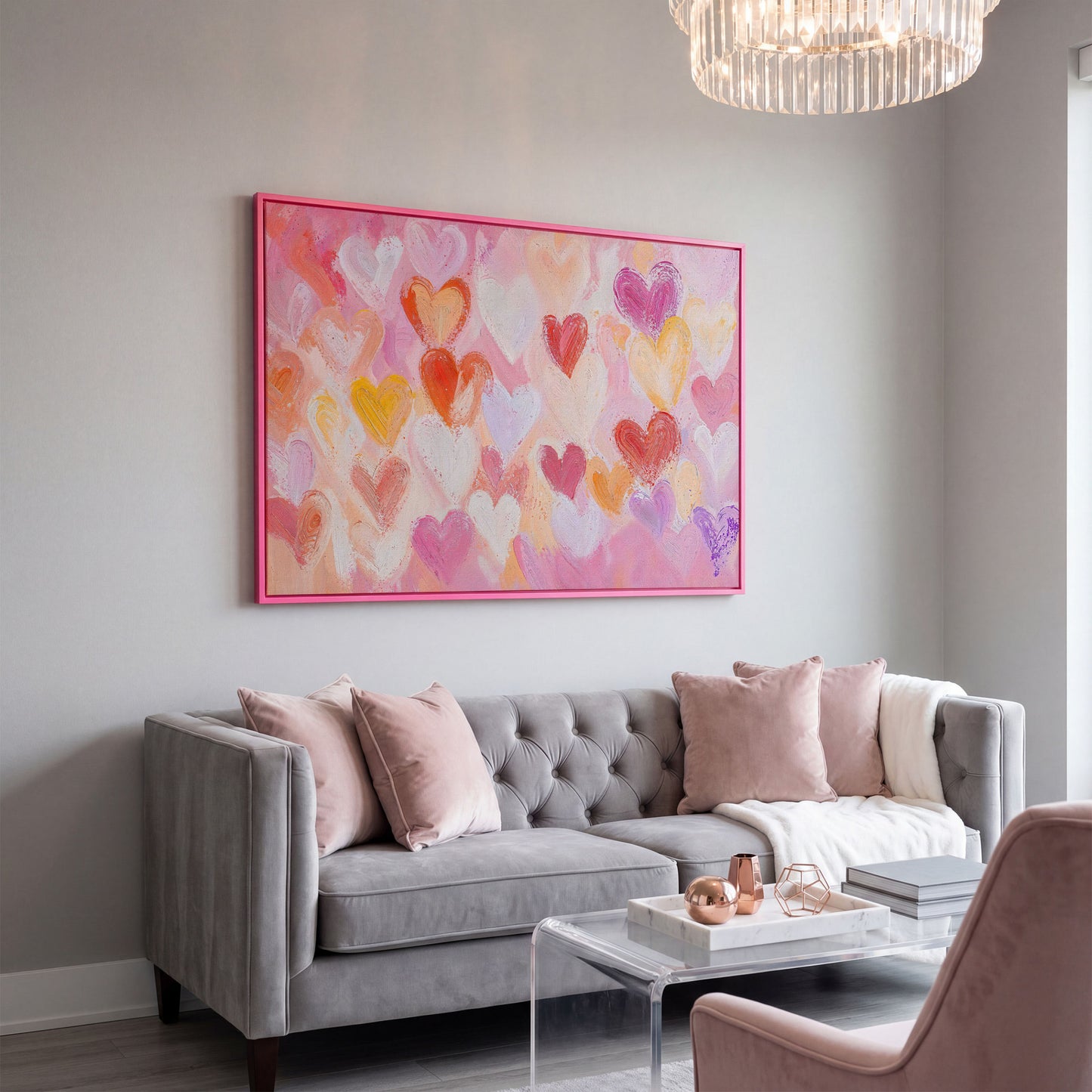 Colorful Hearts Canvas Print for Valentine Decor in pink floating frame