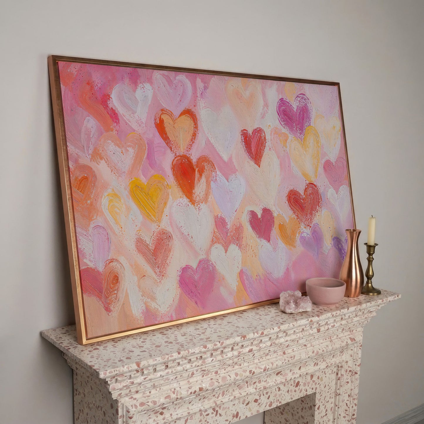 Colorful Hearts Canvas Print for Valentine Decor in rose gold floating frame