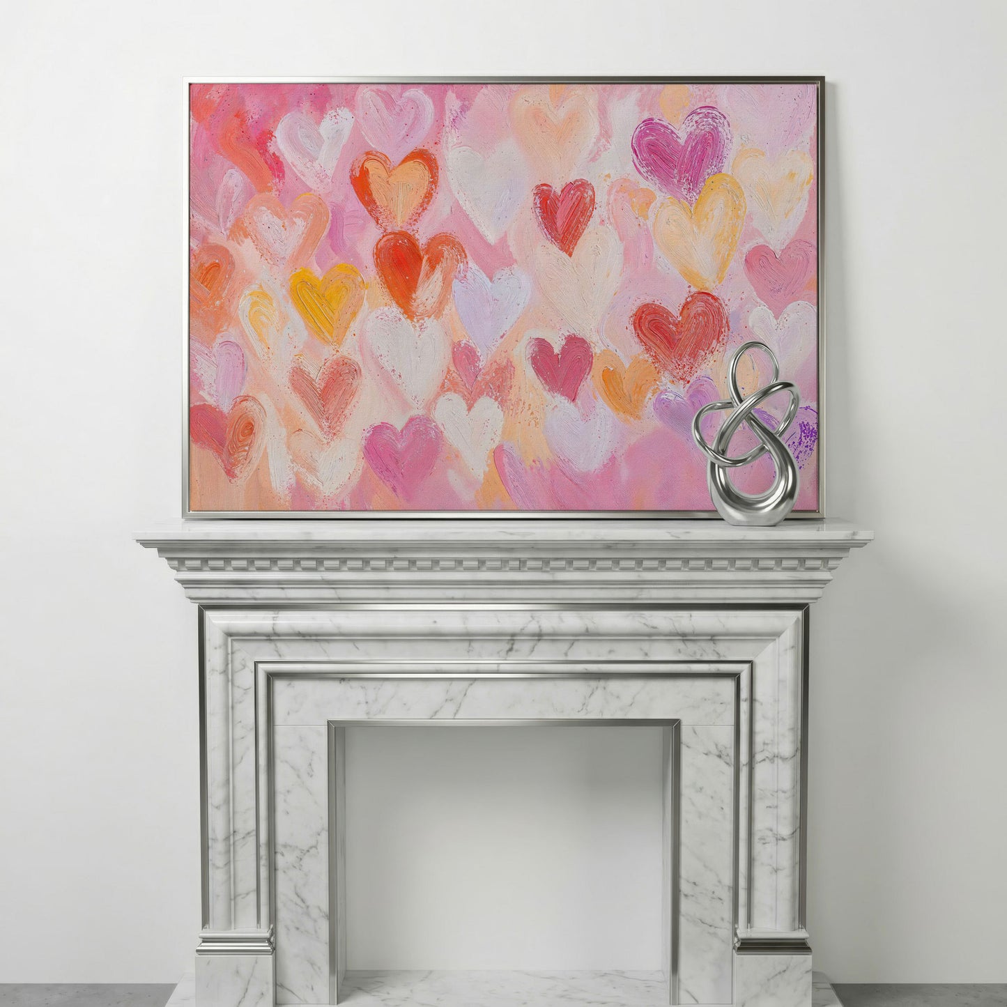 Colorful Hearts Canvas Print for Valentine Decor in silver floating frame