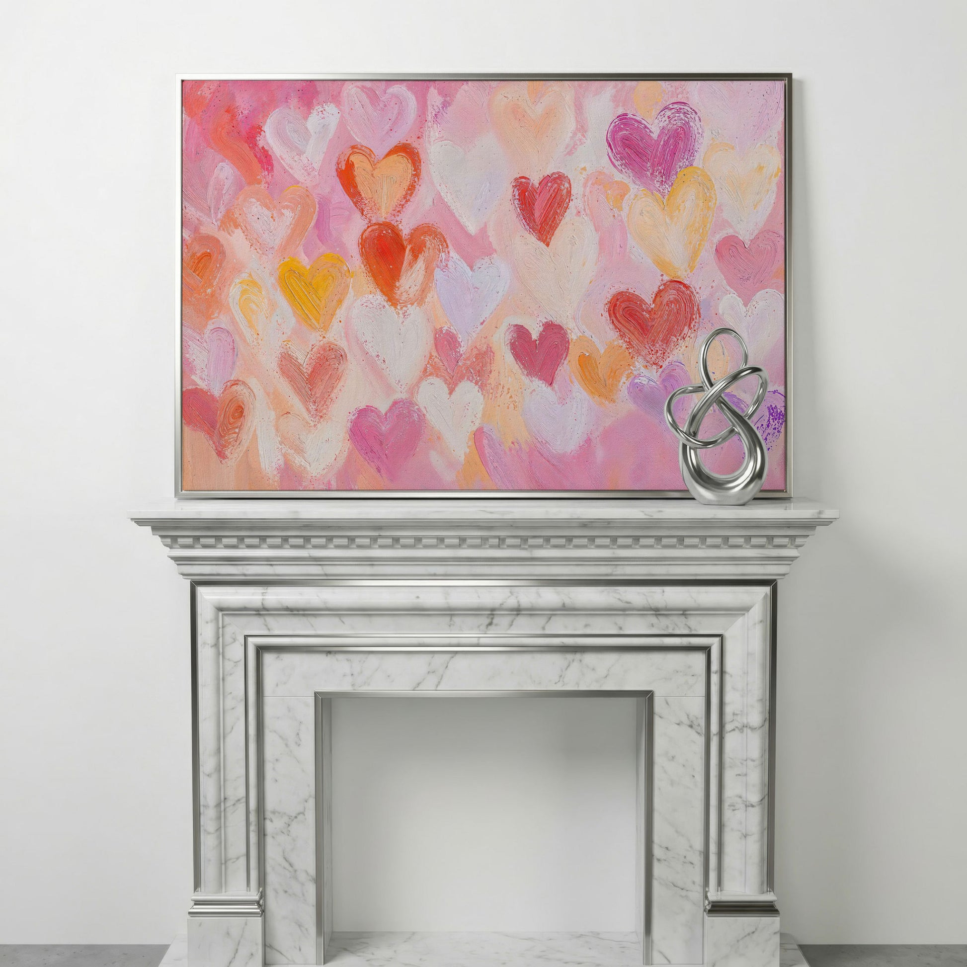 Colorful Hearts Canvas Print for Valentine Decor in silver floating frame