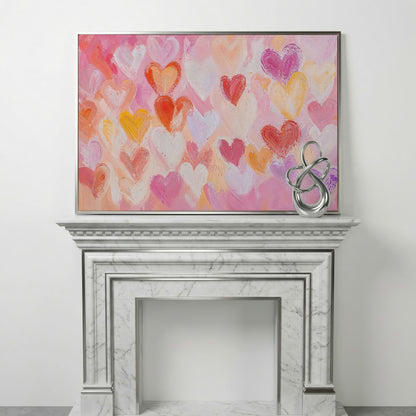 Colorful Hearts Canvas Print for Valentine Decor in silver floating frame