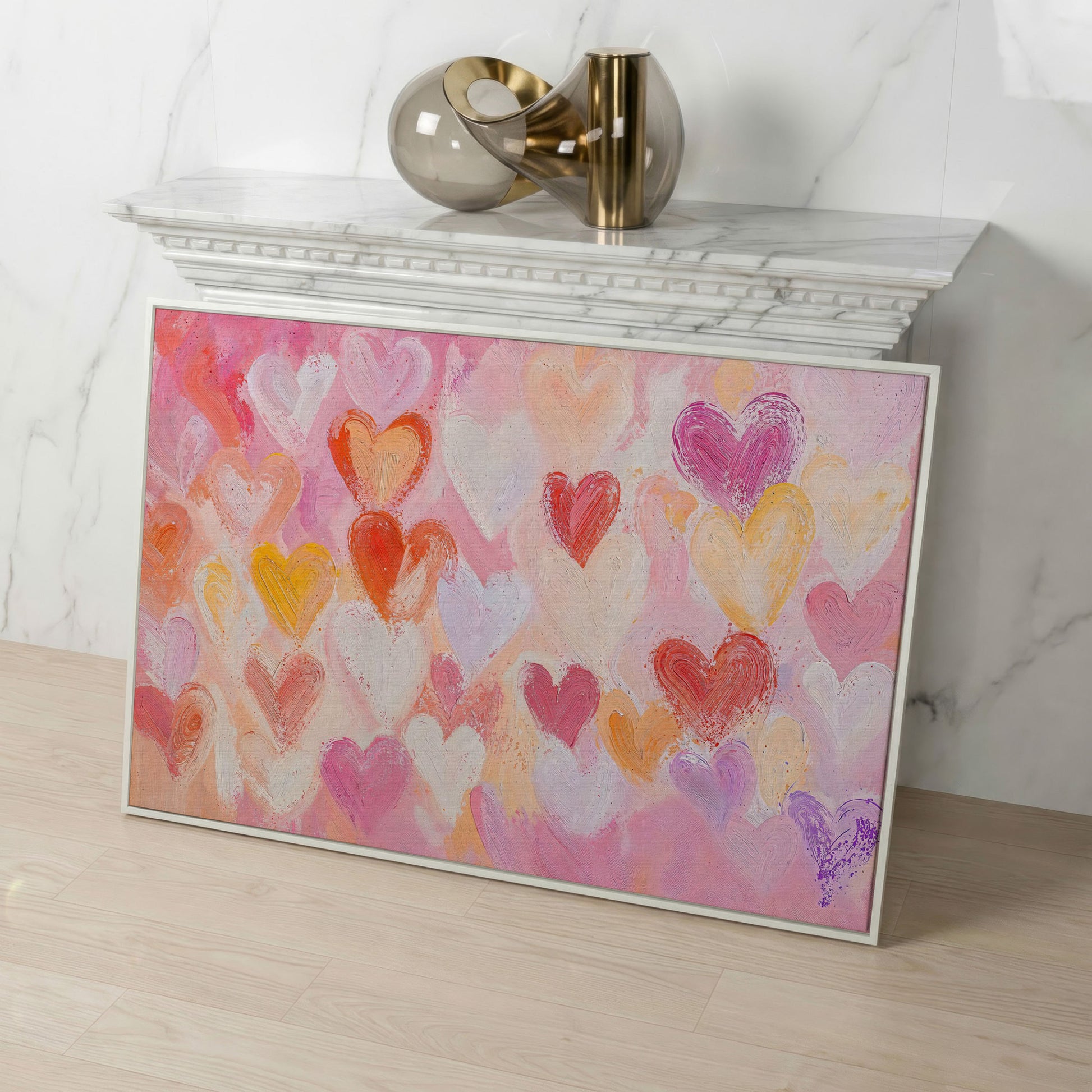 Colorful Hearts Canvas Print for Valentine Decor in white floating frame