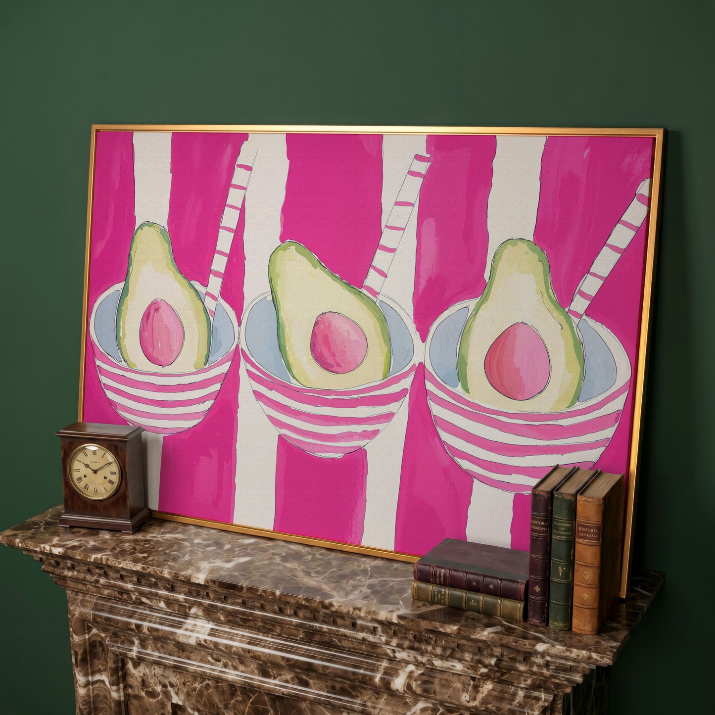 Pink Avocado Canvas Print with Bold Stripes in antique gold floating frame
