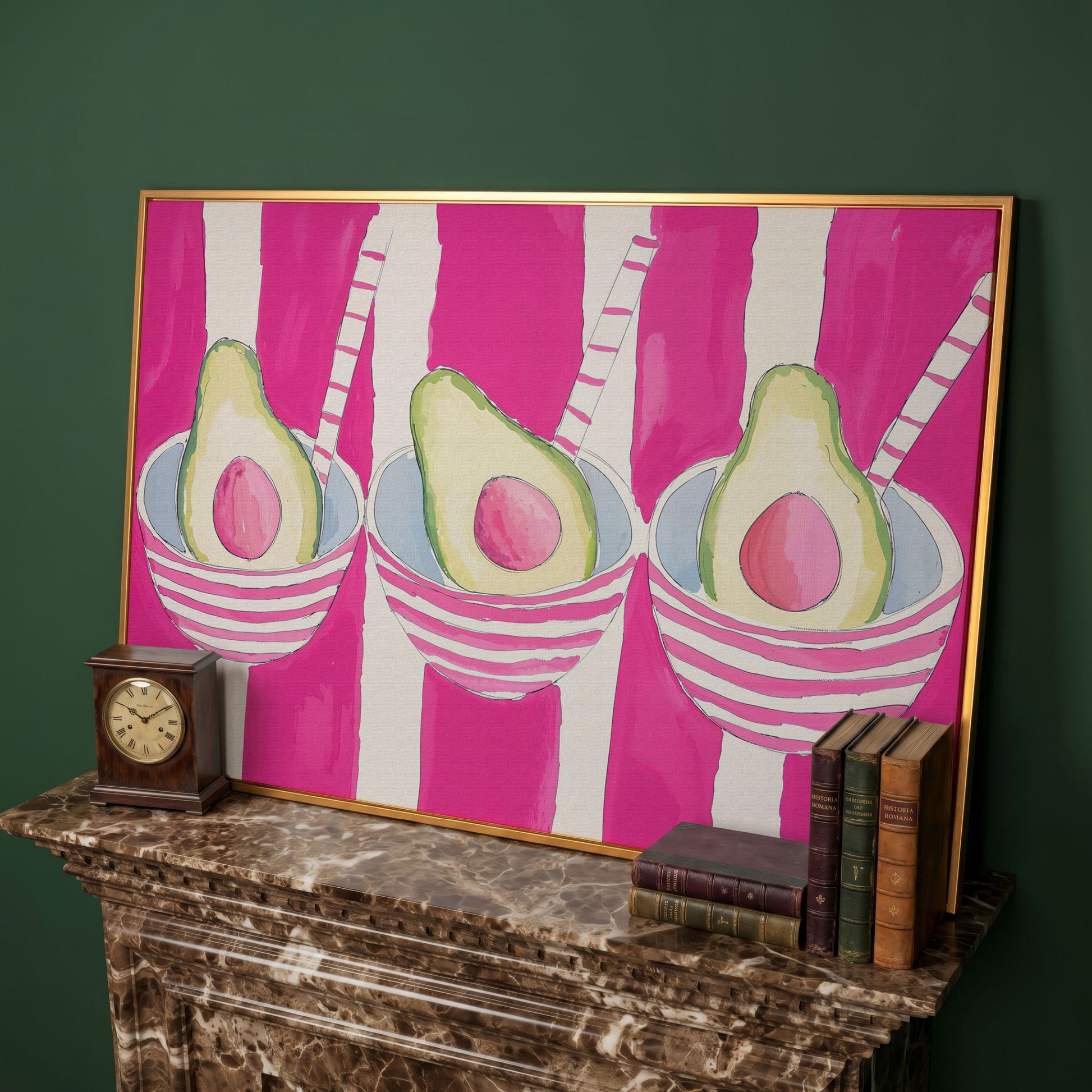 Pink Avocado Canvas Print with Bold Stripes in antique gold floating frame
