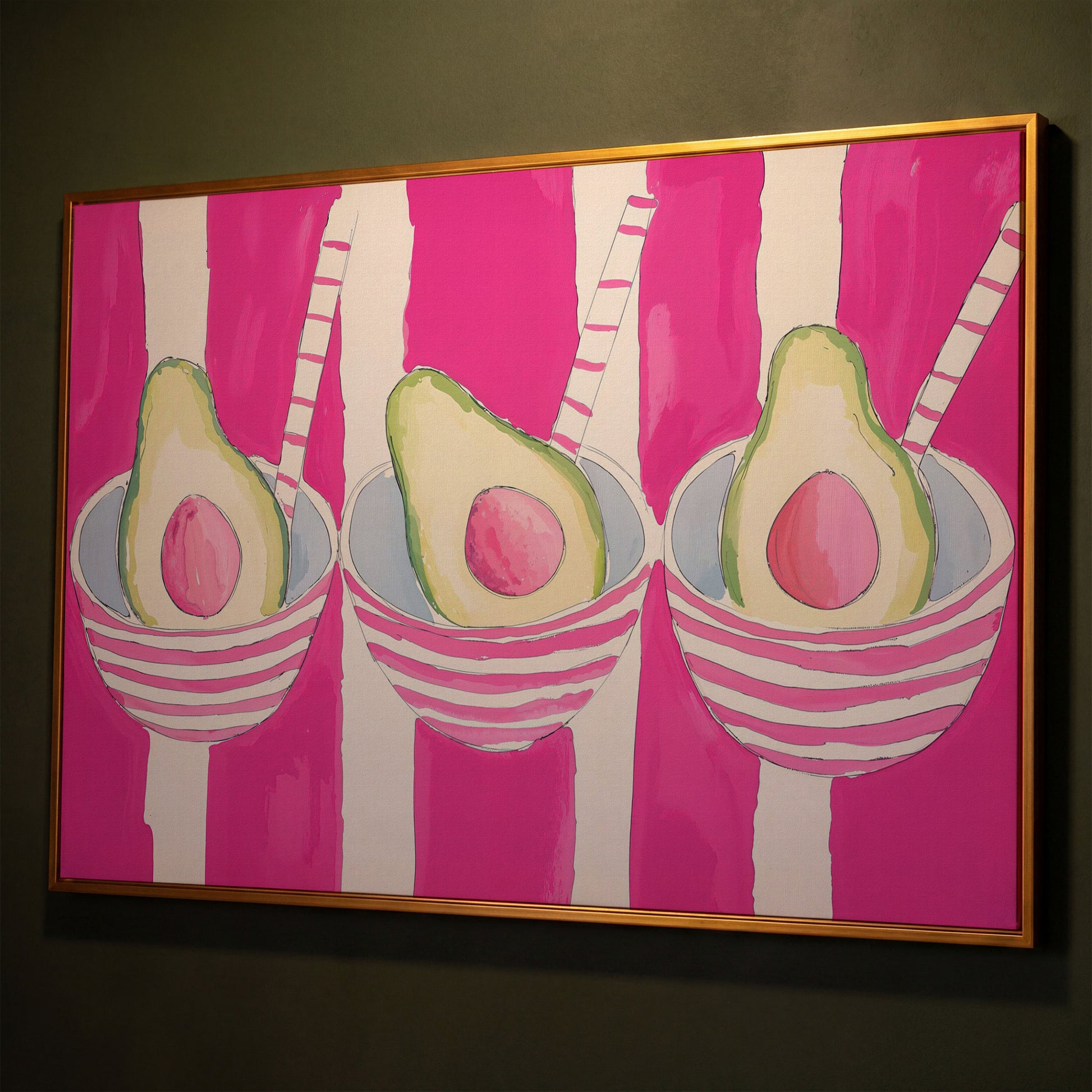 Pink Avocado Canvas Print with Bold Stripes shown in antique gold floating frame