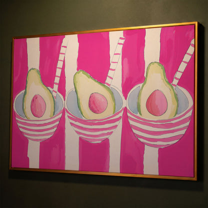 Pink Avocado Canvas Print with Bold Stripes shown in antique gold floating frame