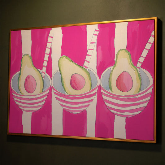 Pink Avocado Canvas Print with Bold Stripes shown in antique gold floating frame