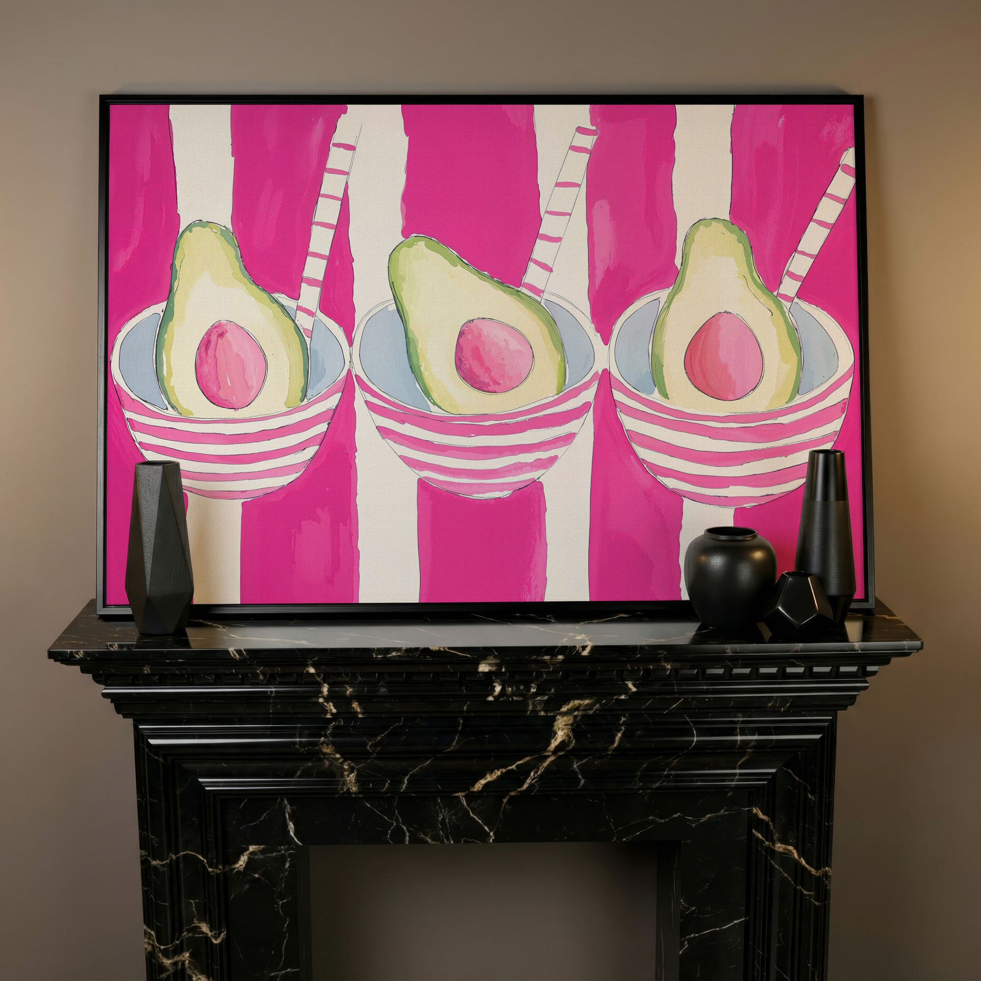 Pink Avocado Canvas Print with Bold Stripes in black floating frame