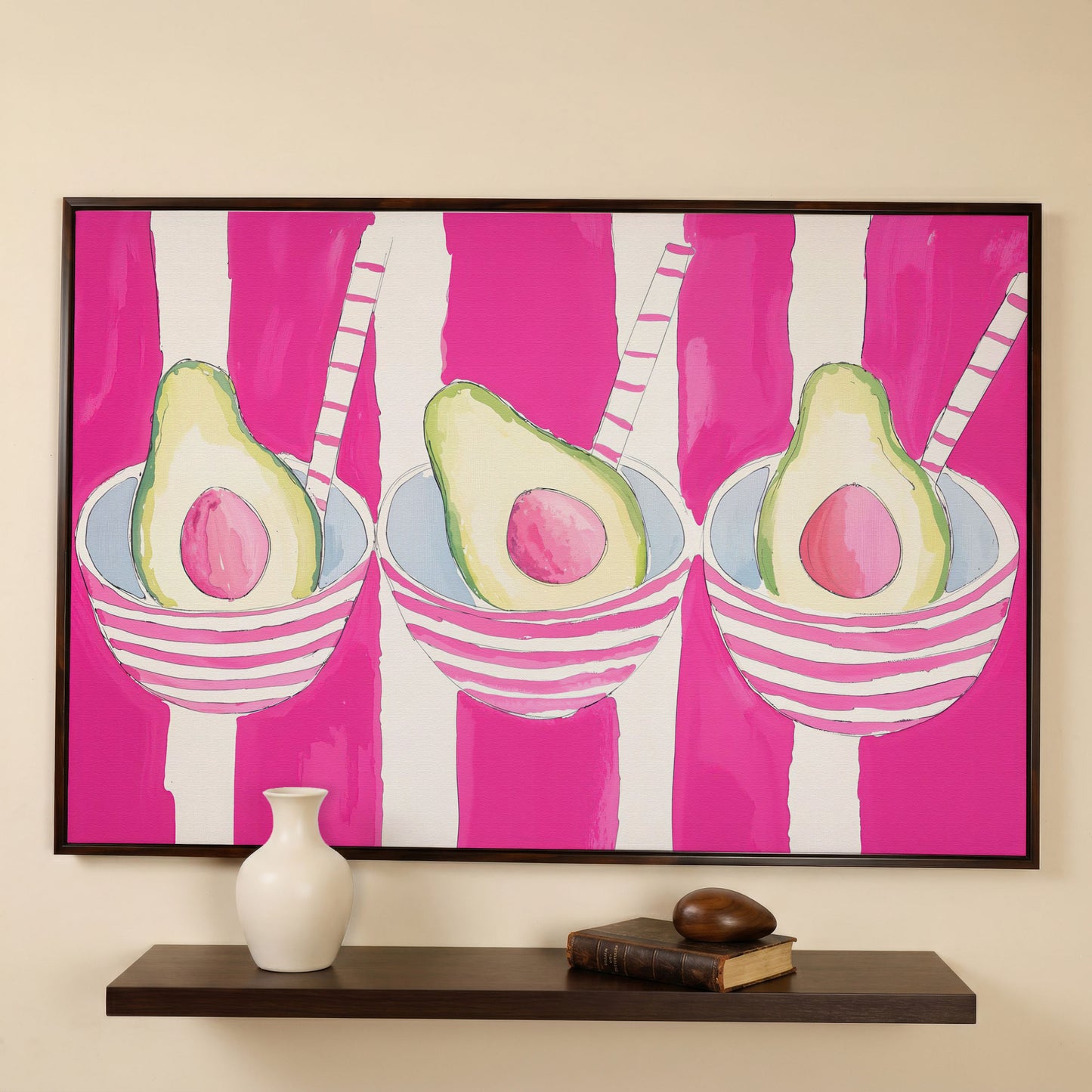 Pink Avocado Canvas Print with Bold Stripes in dark walnut floating frame