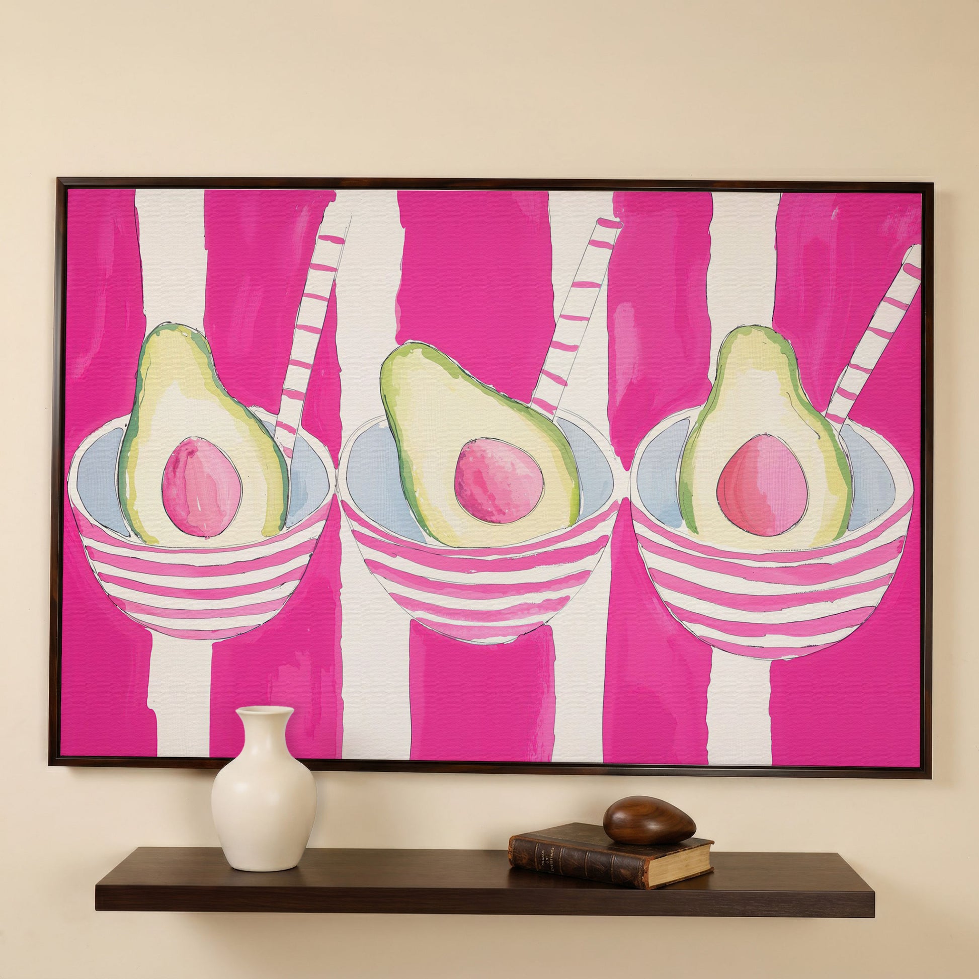 Pink Avocado Canvas Print with Bold Stripes in dark walnut floating frame