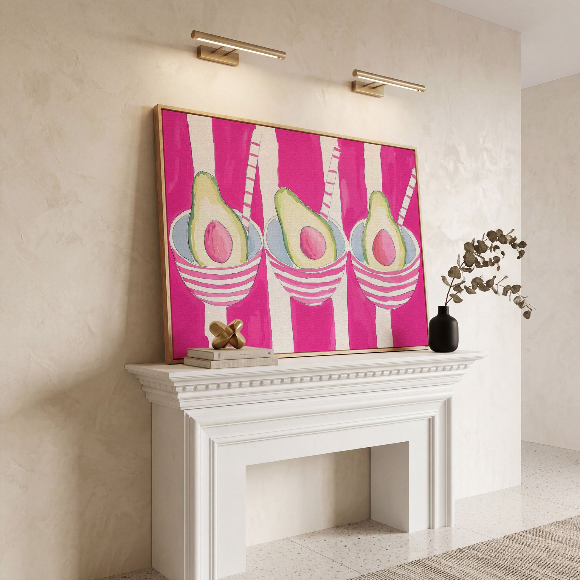 Pink Avocado Canvas Print with Bold Stripes in white oak floating frame