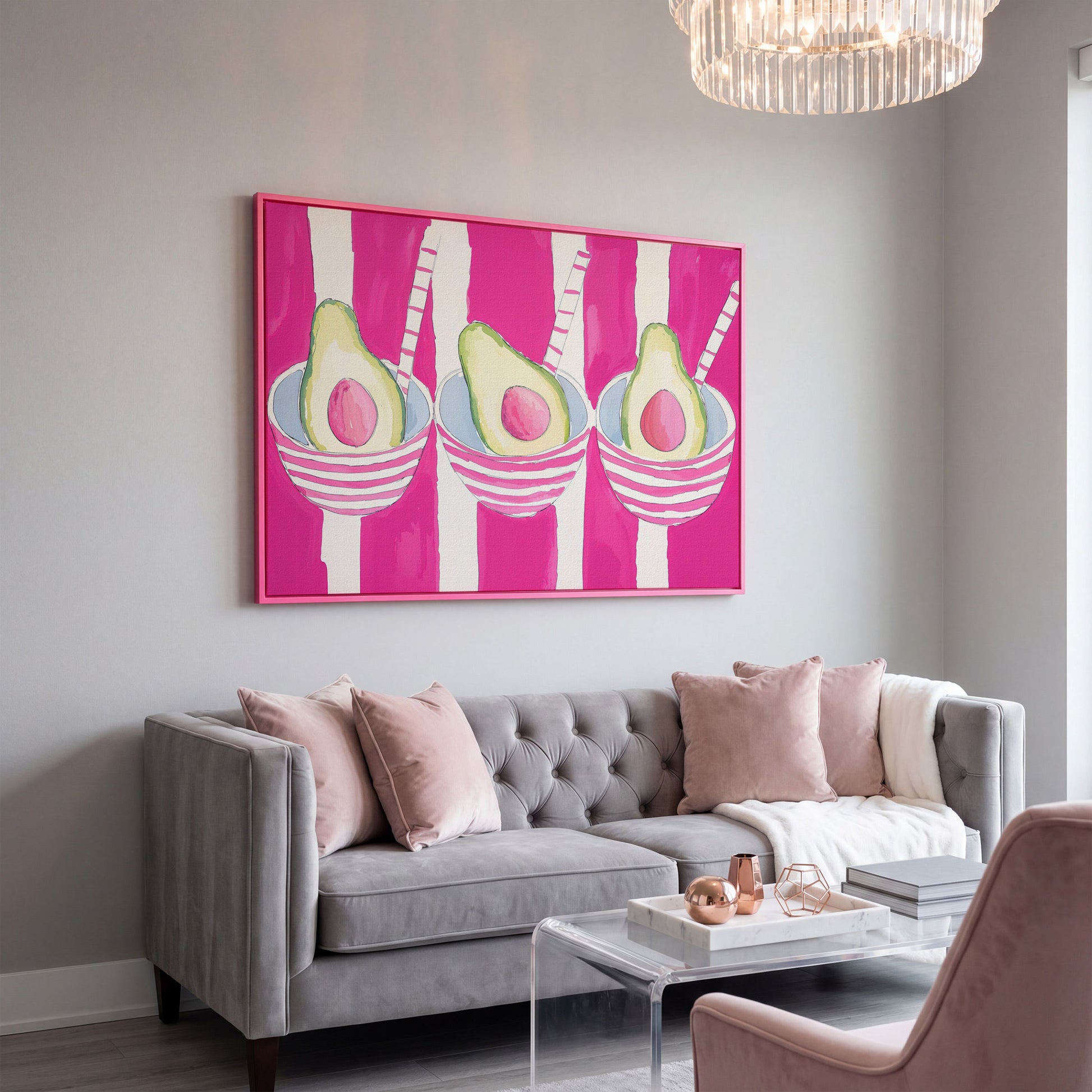 Pink Avocado Canvas Print with Bold Stripes in pink floating frame