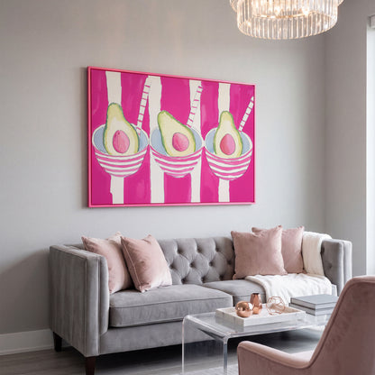 Pink Avocado Canvas Print with Bold Stripes in pink floating frame