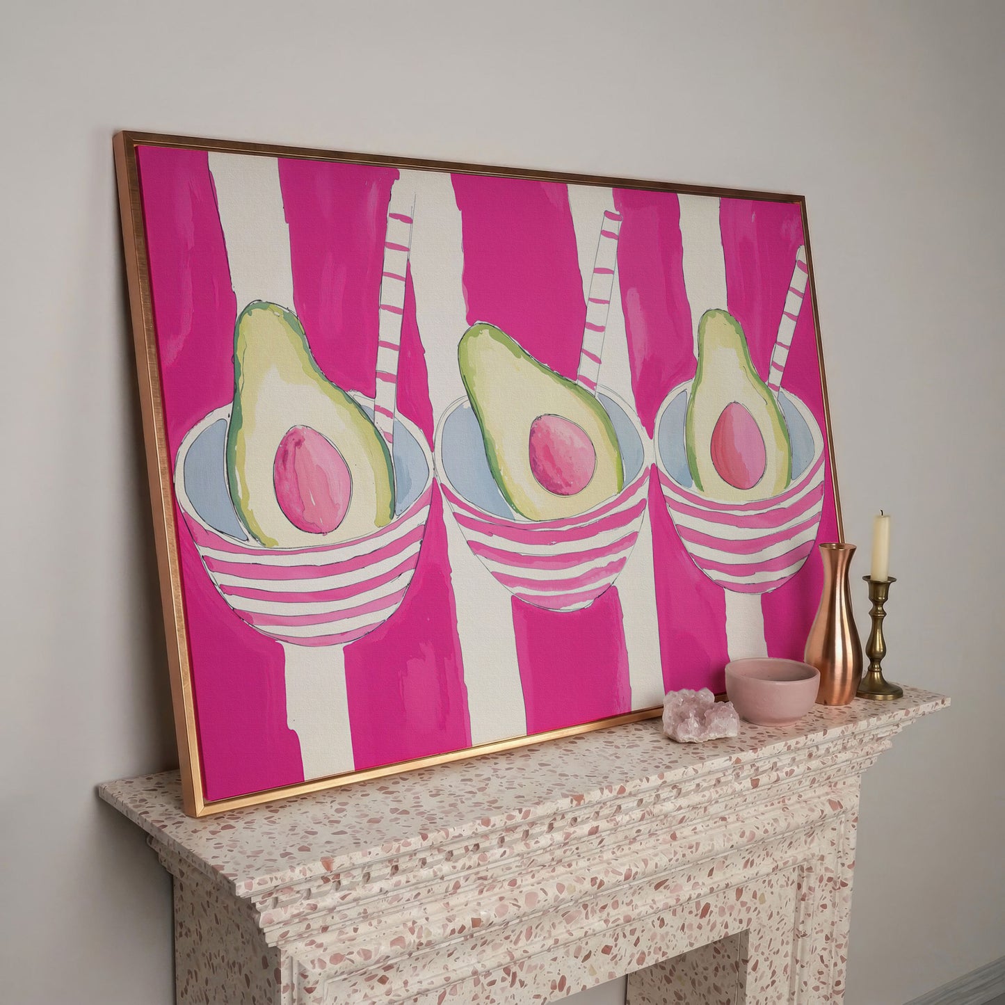 Pink Avocado Canvas Print with Bold Stripes in rose gold floating frame