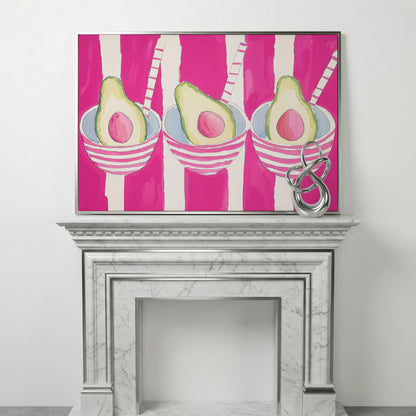 Pink Avocado Canvas Print with Bold Stripes in silver floating frame