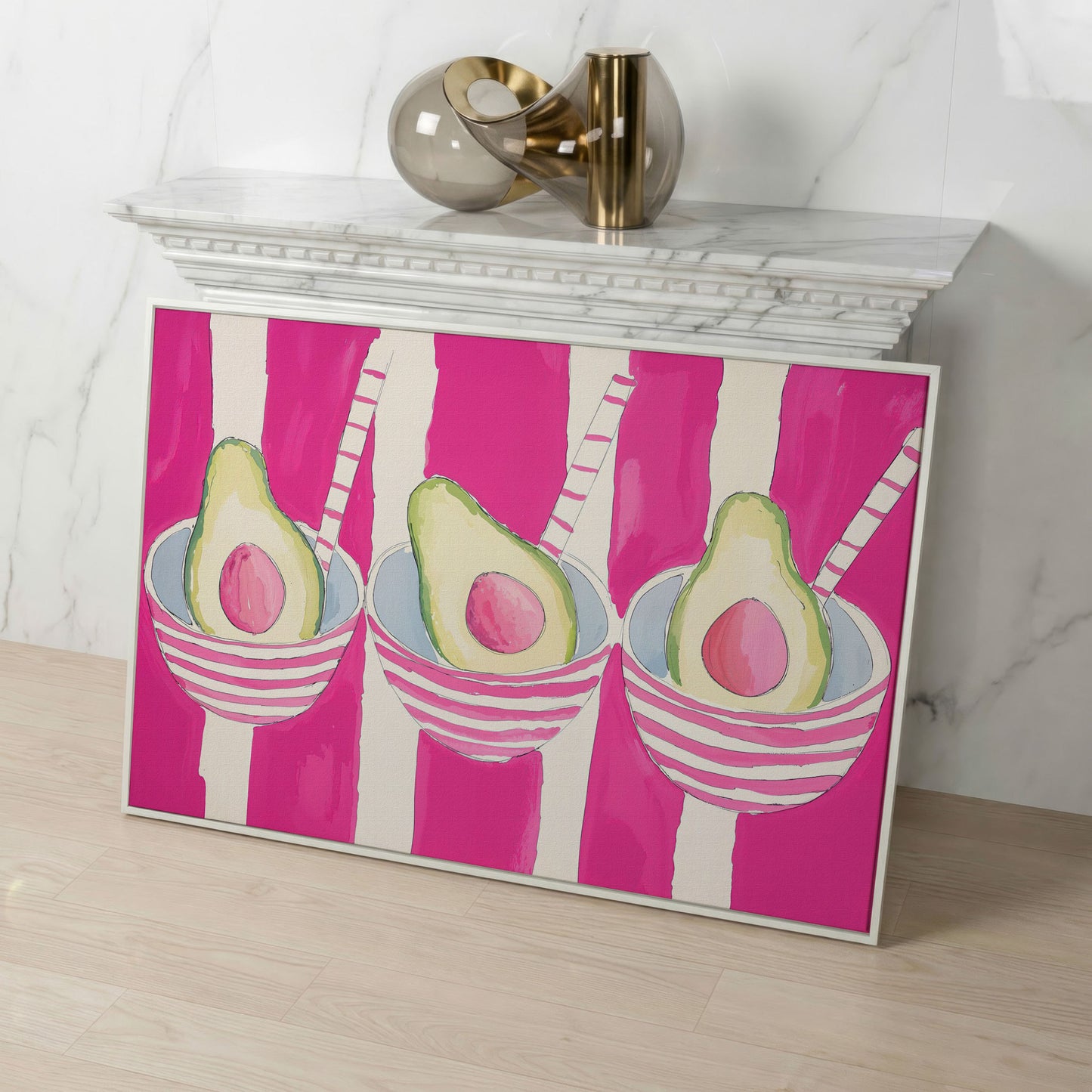 Pink Avocado Canvas Print with Bold Stripes in white floating frame