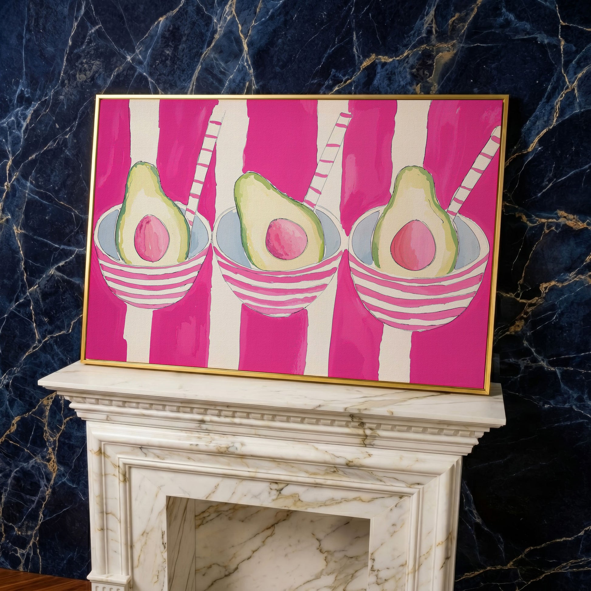 Pink Avocado Canvas Print with Bold Stripes in yellow gold floating frame