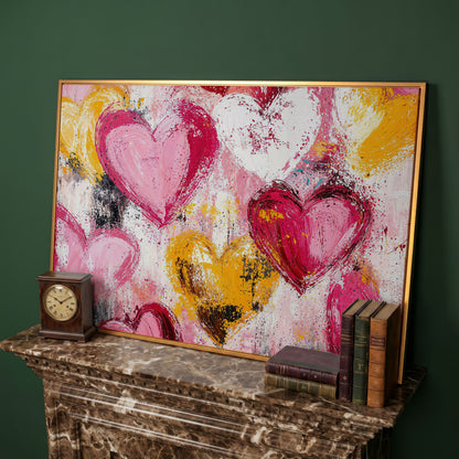 Pink and Yellow Hearts Canvas Print in antique gold floating frame