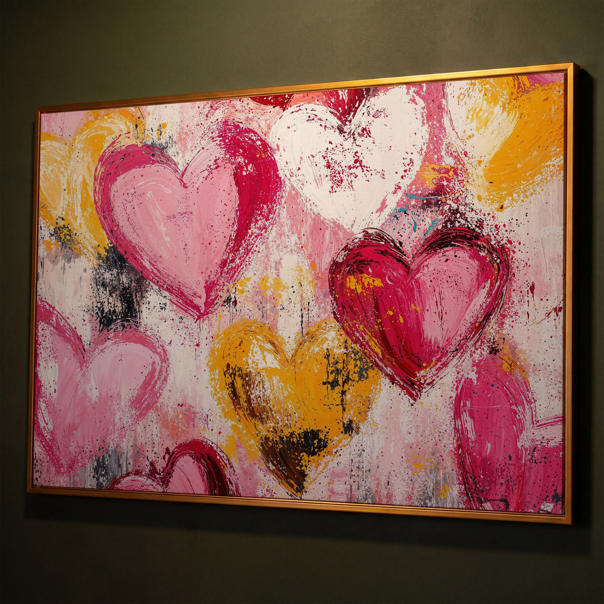 Pink and Yellow Hearts Canvas Print shown in antique gold floating frame