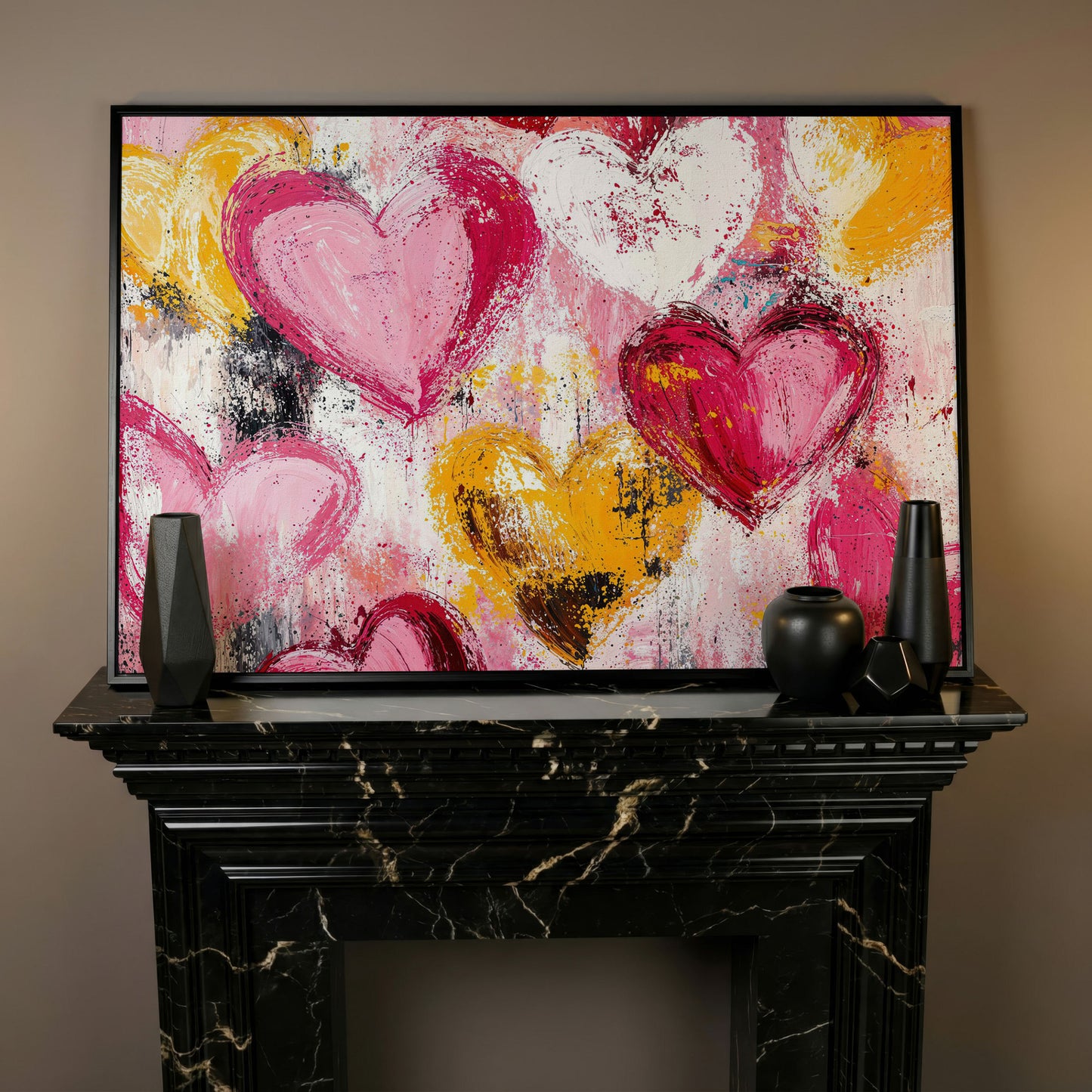 Pink and Yellow Hearts Canvas Print in black floating frame
