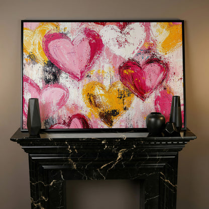 Pink and Yellow Hearts Canvas Print in black floating frame